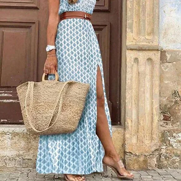 Blue Boho Women's Print Wrapped V-Neck Cross Batwing Sleeve Slit A-Line Dress - Picture 4 of 5